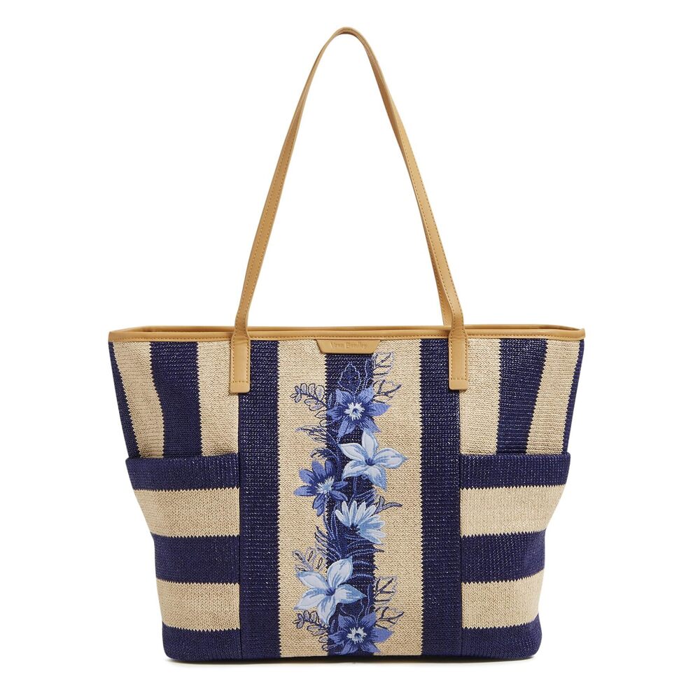 9591 Straw Tote Bag, Navy Stripe Straw, One Size